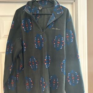 Eddie Bauer Men's Zip Up Sweater - Green with Blue and Red Pattern